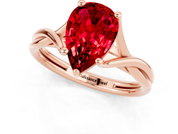 Rose gold Pear Cut Ruby Solitaire Twist Band Prong Setting Ring