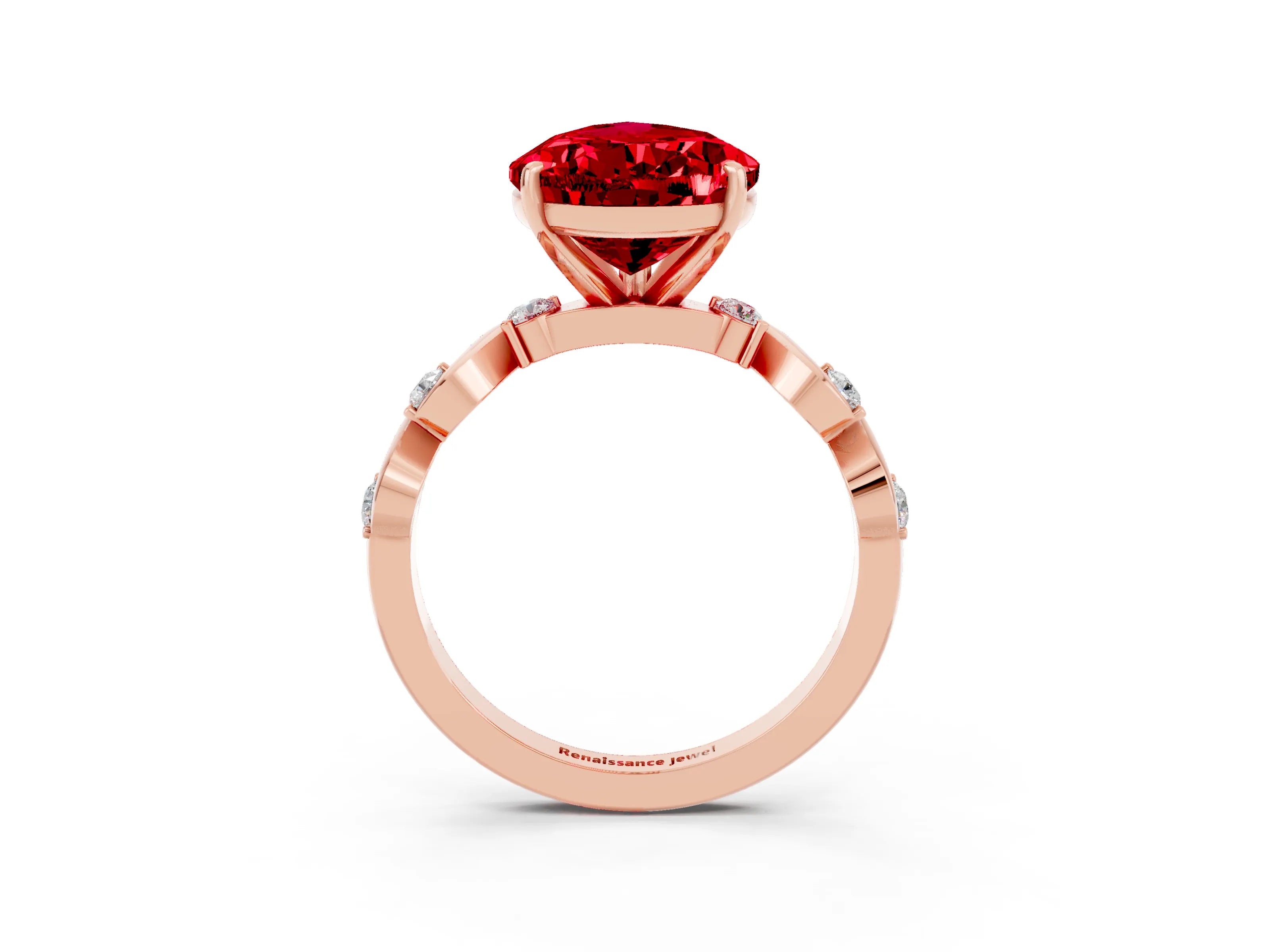 Rose gold Pear Cut Ruby Solitaire Twisted Band with Round  Accents and Prong Setting_27
