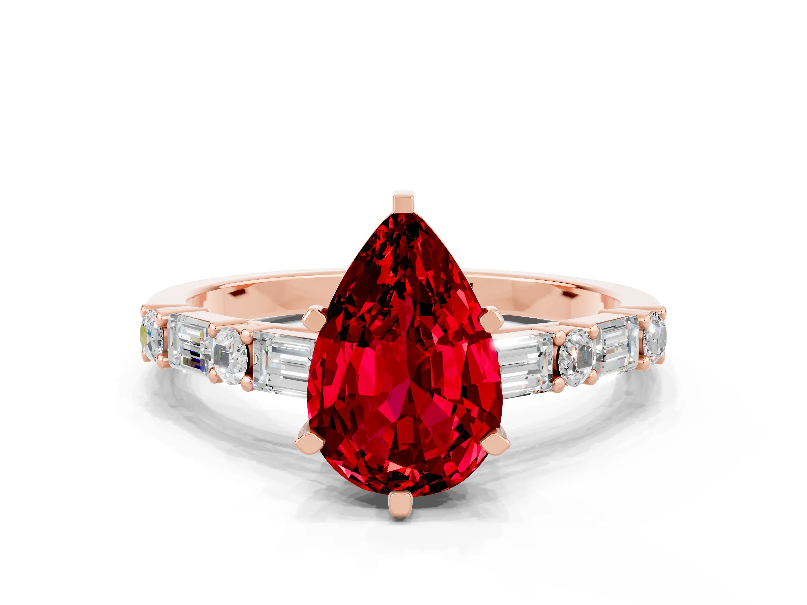 Rose gold Pear Cut Ruby Solitaire with Side Baguettes and Channel Set Band
