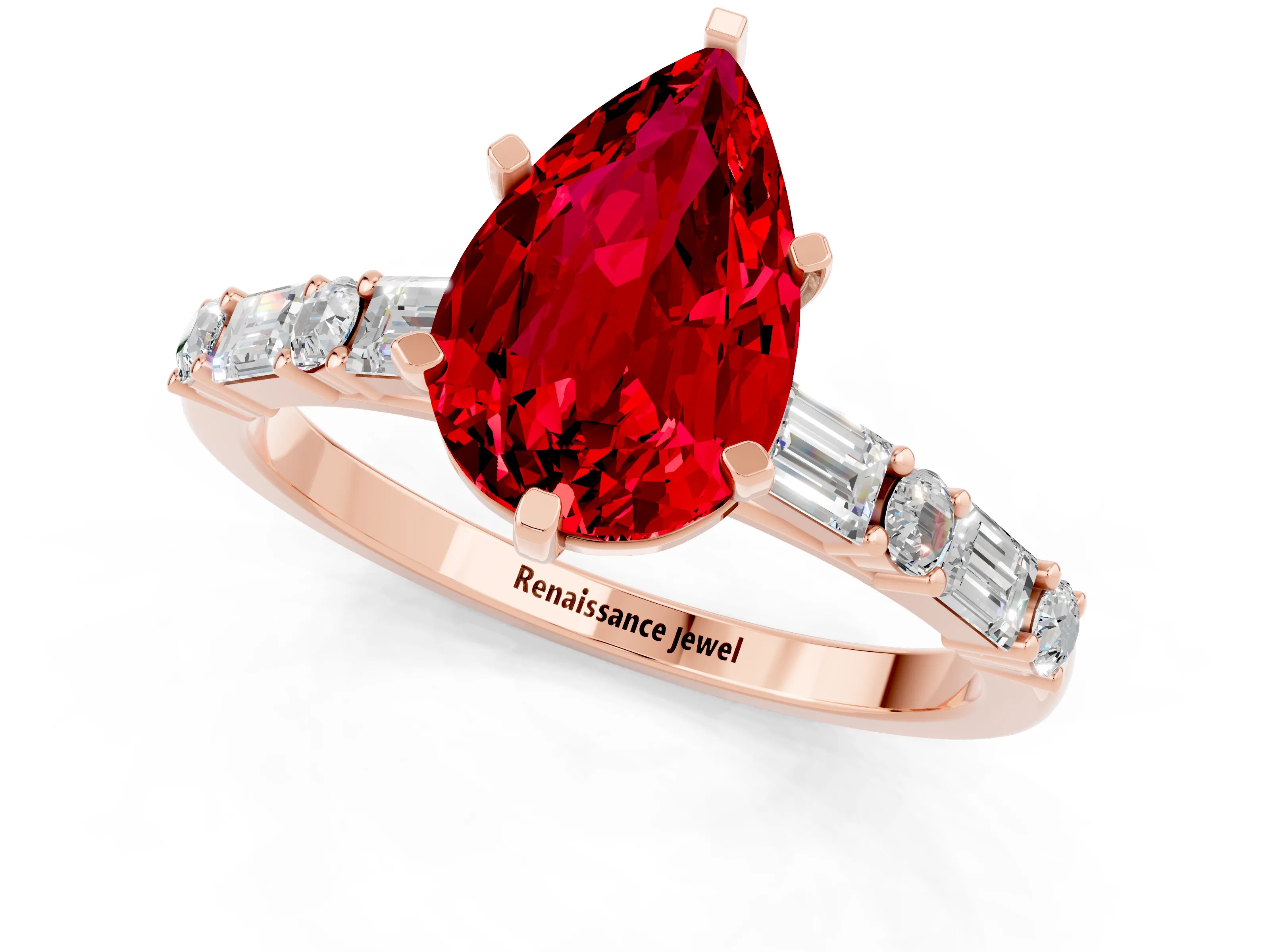 Rose gold Pear Cut Ruby Solitaire with Side Baguettes and Channel Set Band_1