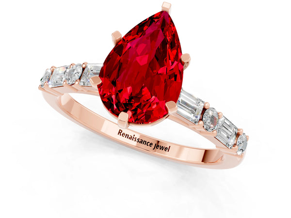 Rose gold Pear Cut Ruby Solitaire with Side Baguettes and Channel Set Band