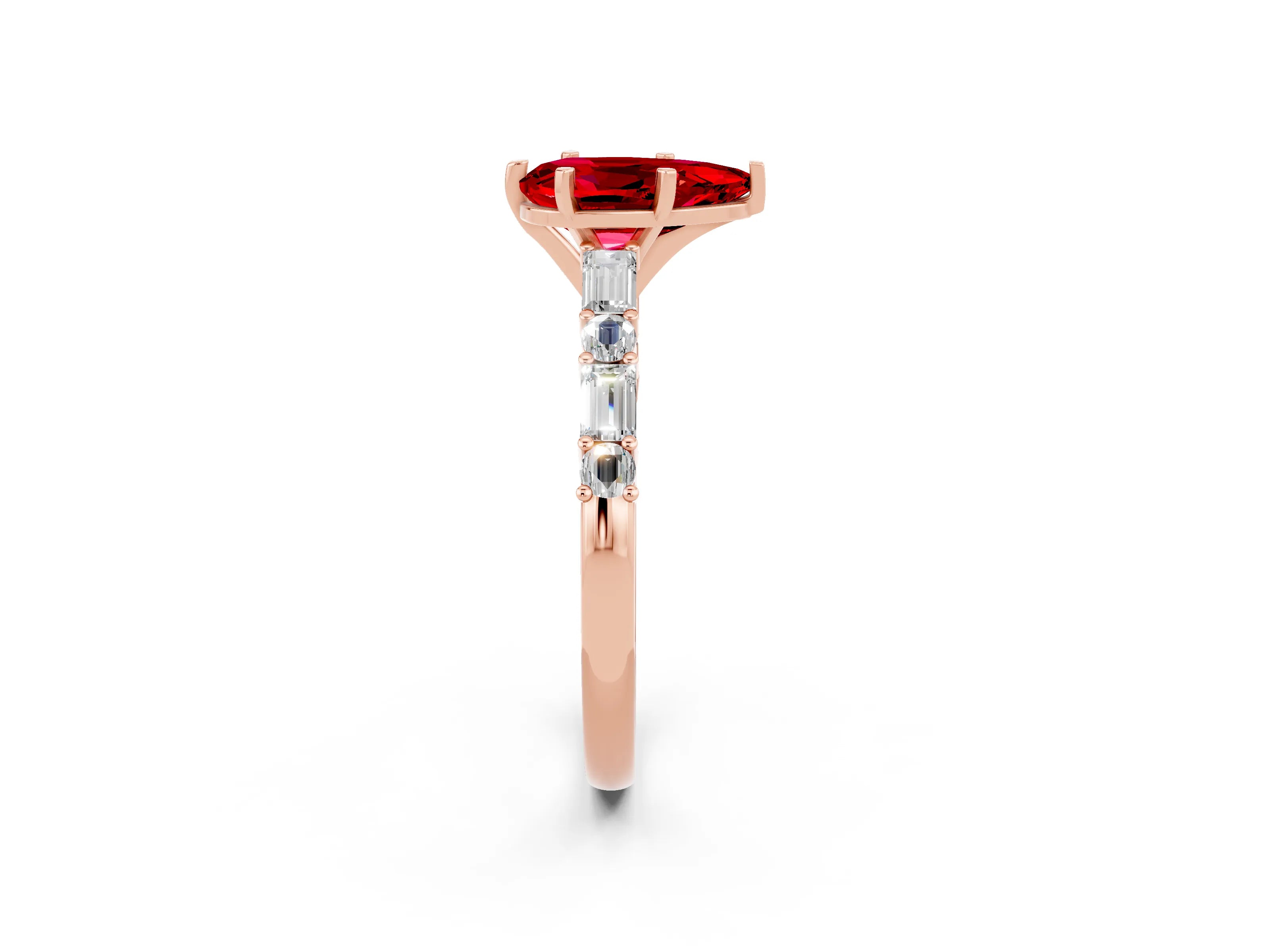 Rose gold Pear Cut Ruby Solitaire with Side Baguettes and Channel Set Band_2