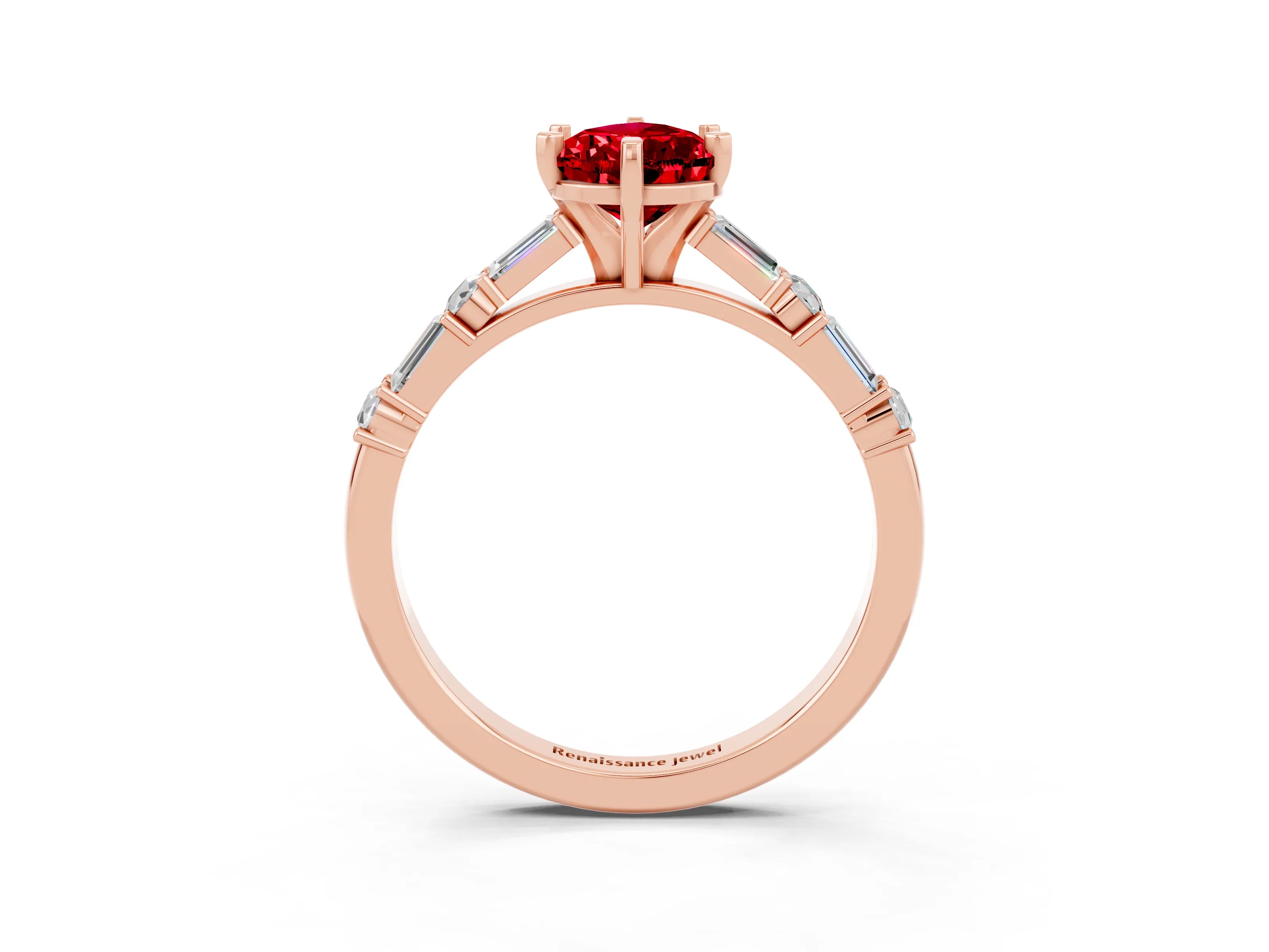Rose gold Pear Cut Ruby Solitaire with Side Baguettes and Channel Set Band_3