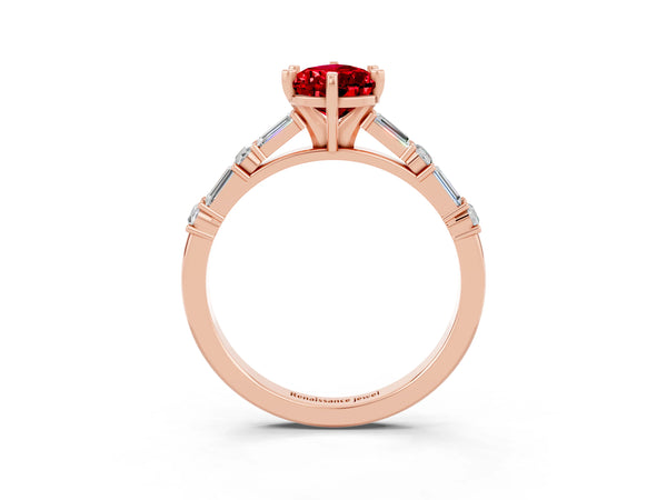 Rose gold Pear Cut Ruby Solitaire with Side Baguettes and Channel Set Band