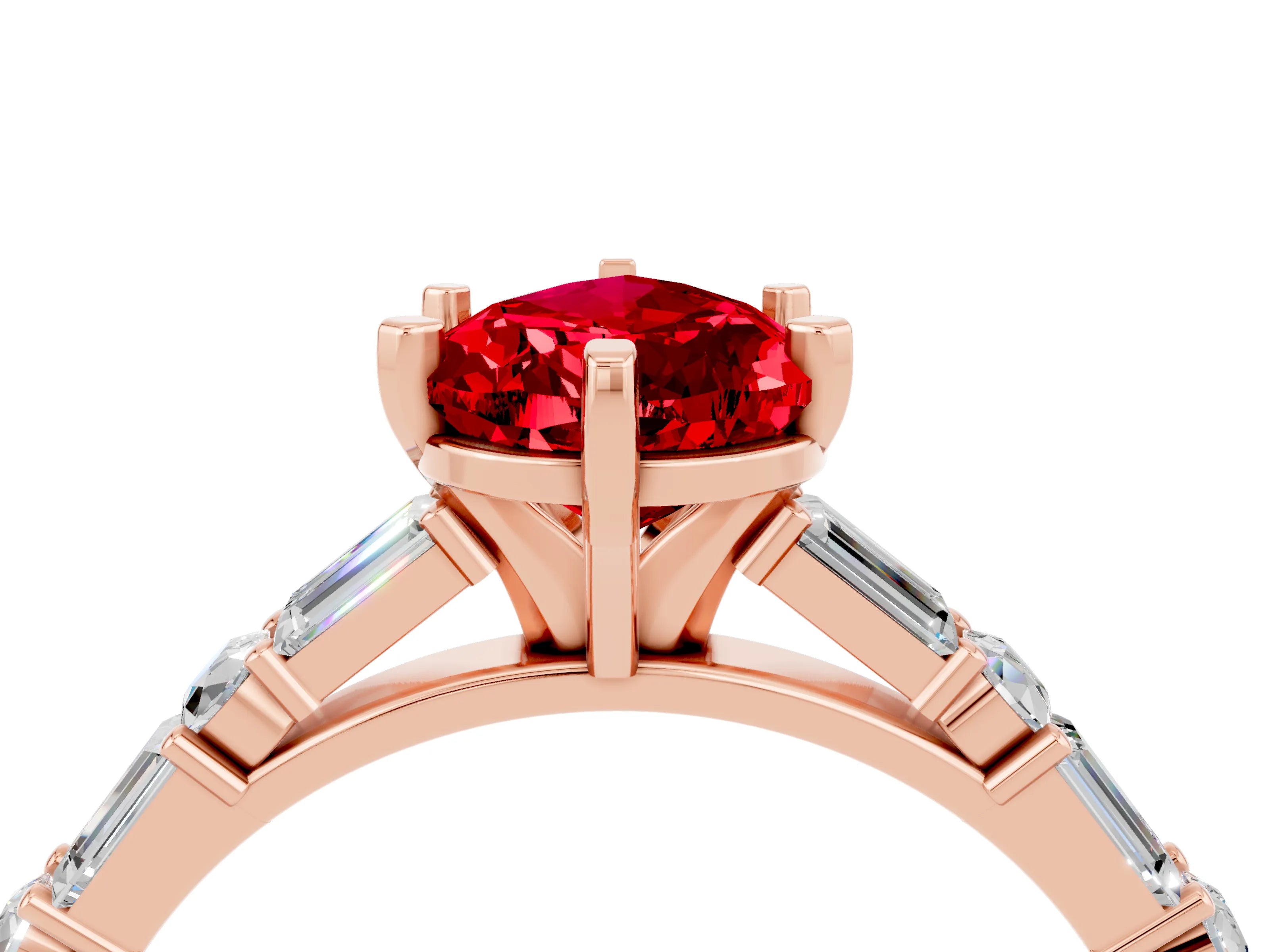 Rose gold Pear Cut Ruby Solitaire with Side Baguettes and Channel Set Band_4