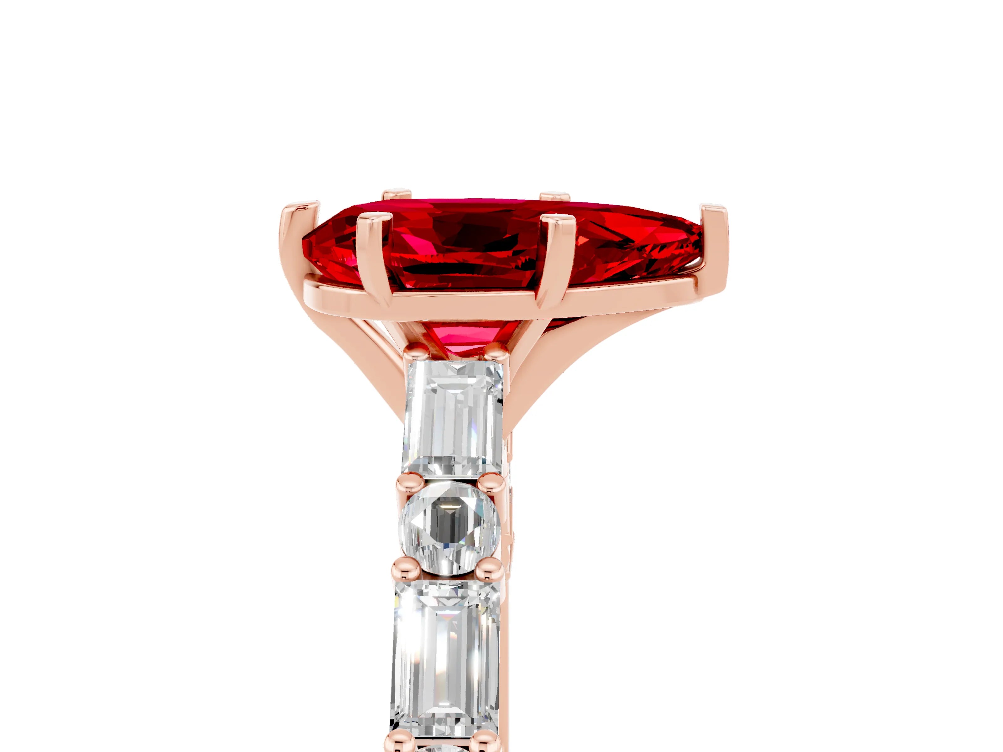 Rose gold Pear Cut Ruby Solitaire with Side Baguettes and Channel Set Band_5