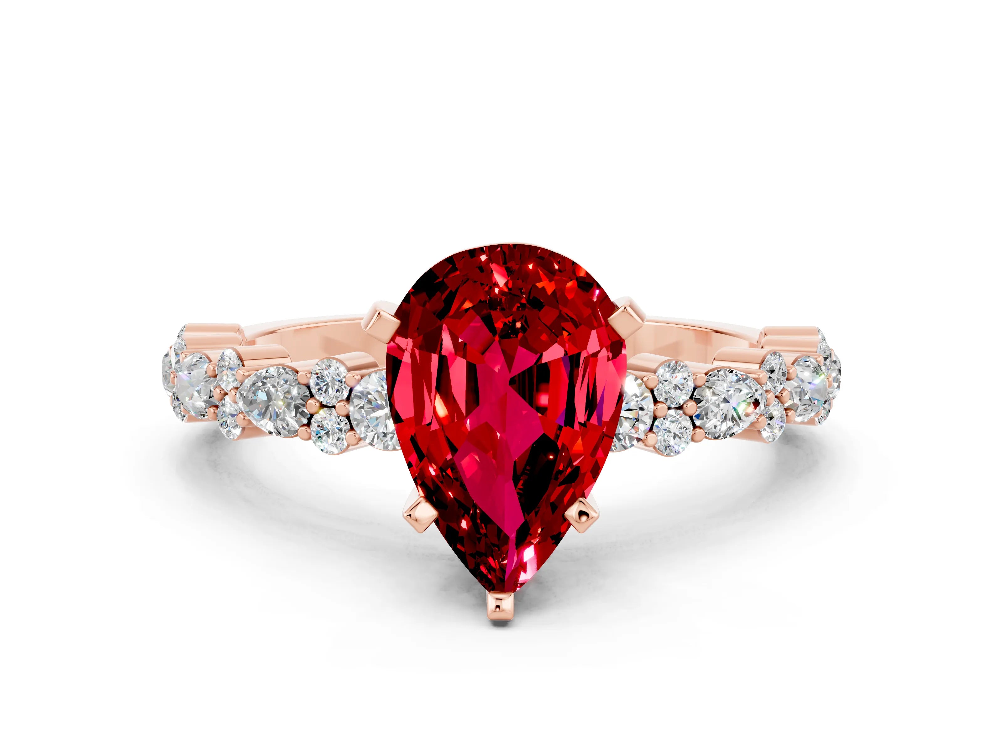 Rose gold Pear Cut Ruby Solitaire with Side Stones, Pave Band, Four-Prong Setting_12