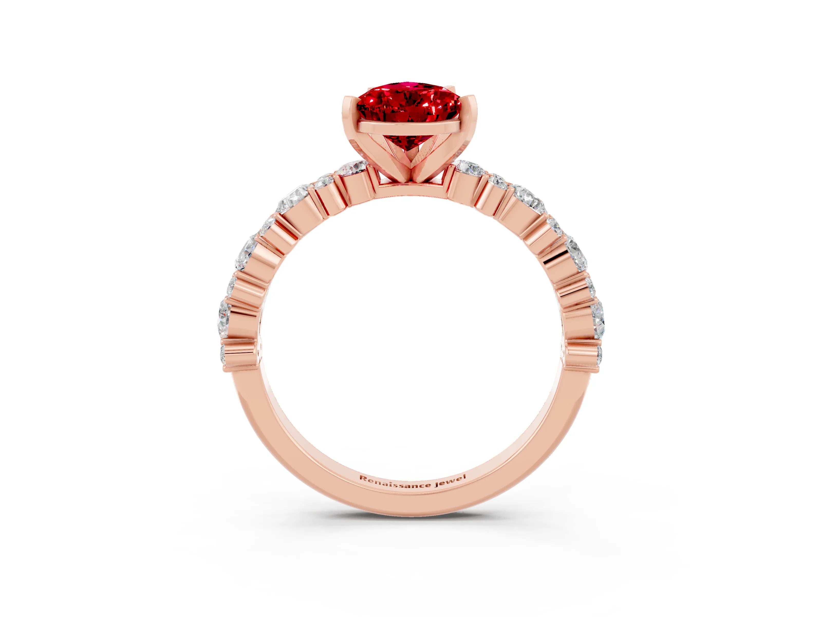 Rose gold Pear Cut Ruby Solitaire with Side Stones, Pave Band, Four-Prong Setting_15