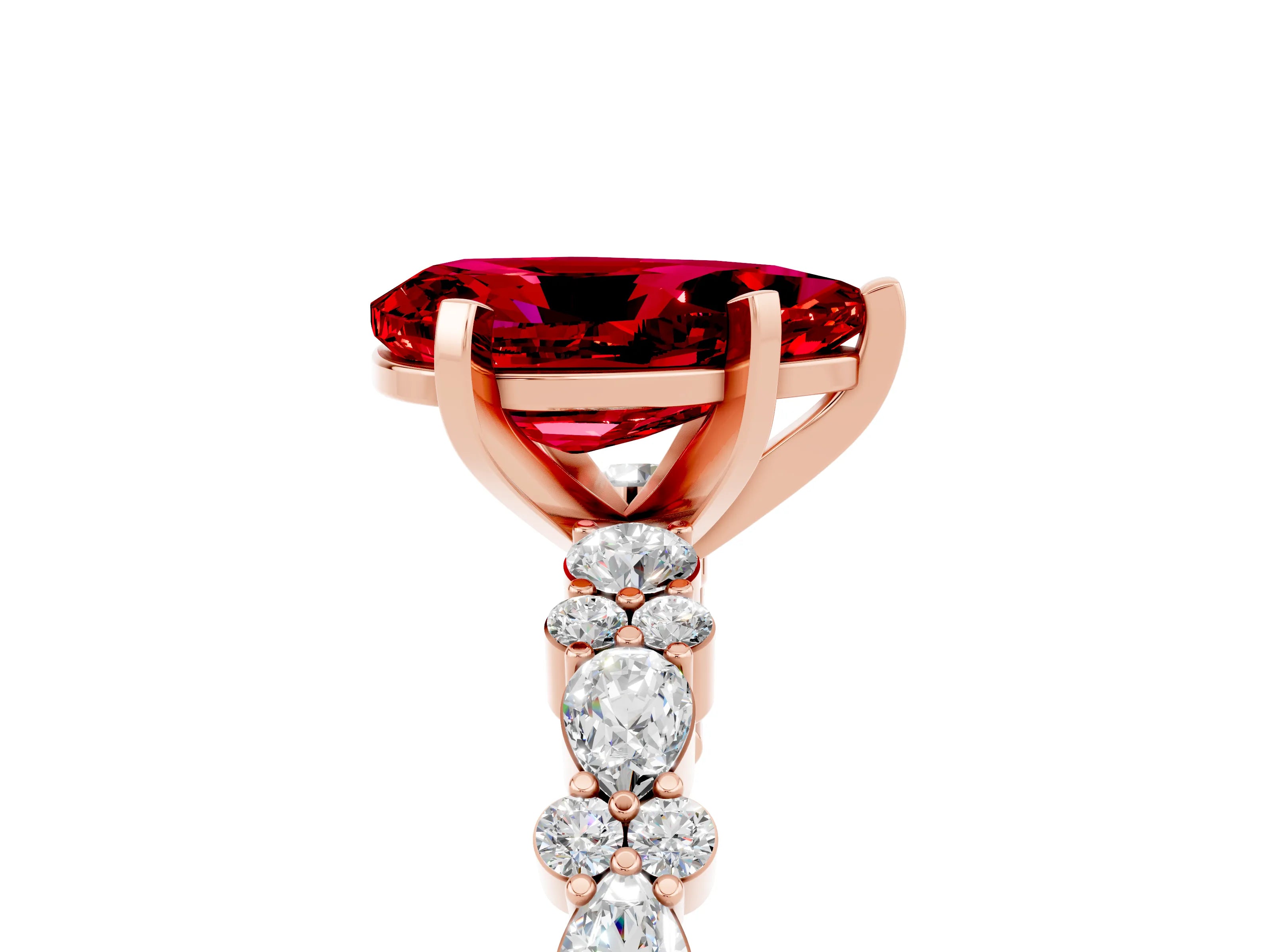 Rose gold Pear Cut Ruby Solitaire with Side Stones, Pave Band, Four-Prong Setting_17