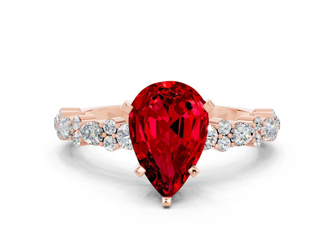 Rose gold Pear Cut Ruby Solitaire with Side Stones, Pave Band, Four-Prong Setting_36