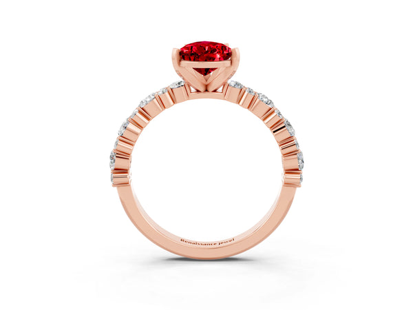Rose gold Pear Cut Ruby Side Stone Solitaire Ring with Round  and Four-Prong Setting