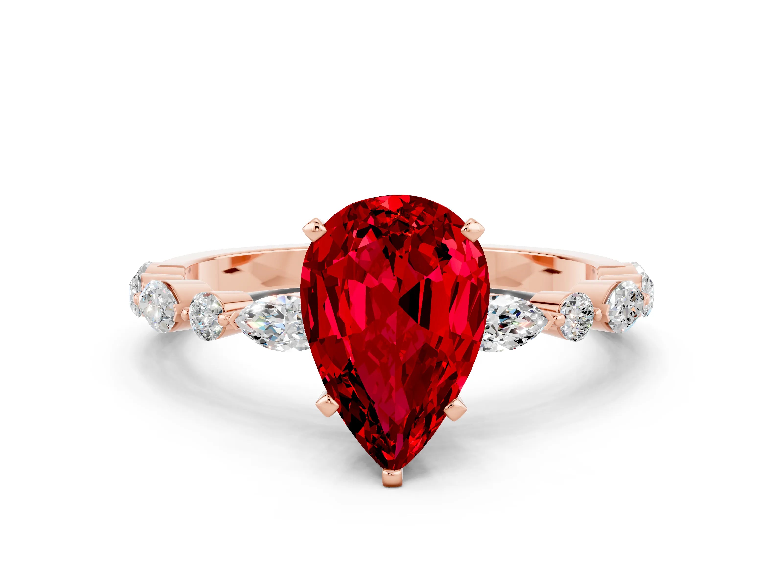 Rose gold Pear Cut Ruby Solitaire with Side Stones on a Pavé Band and Four-Prong Setting