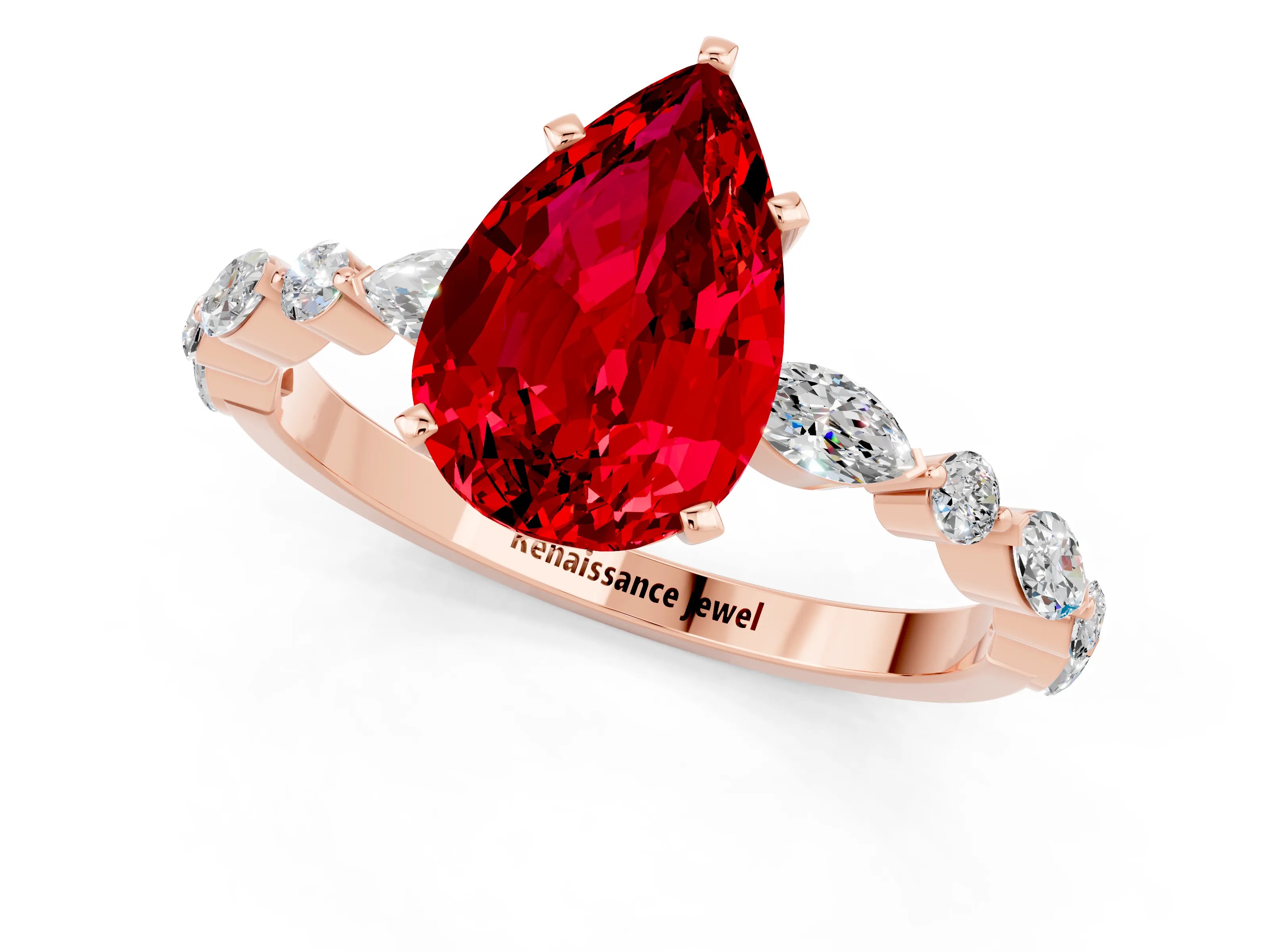 Rose gold Pear Cut Ruby Solitaire with Side Stones on a Pavé Band and Four-Prong Setting_1