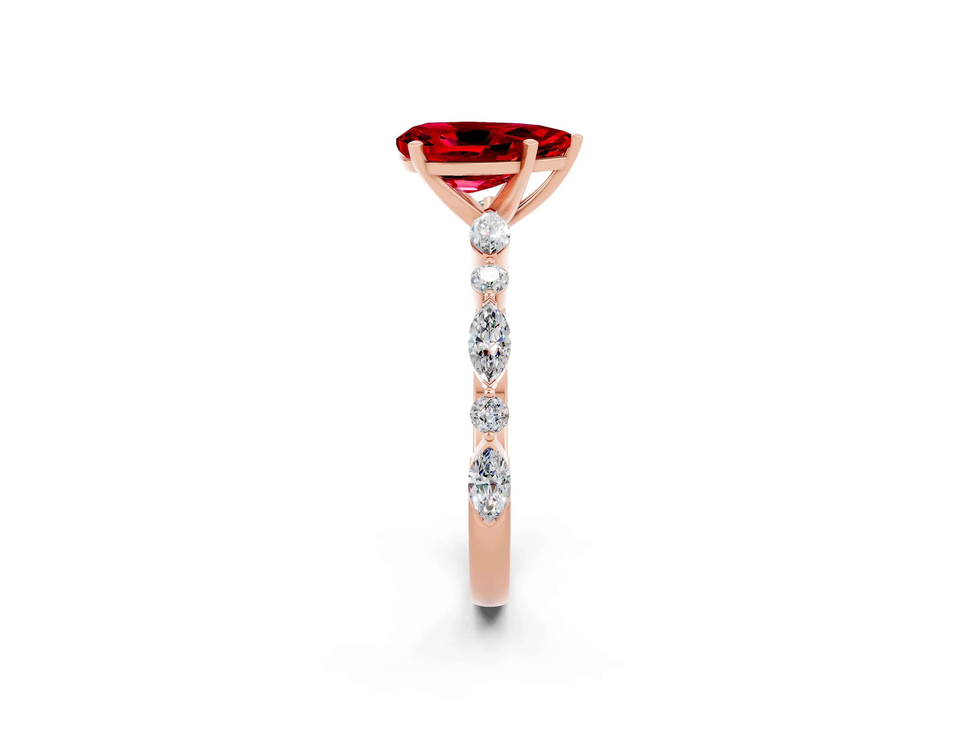 Rose gold Pear Cut Ruby Solitaire with Side Stones on a Pavé Band and Four-Prong Setting_2