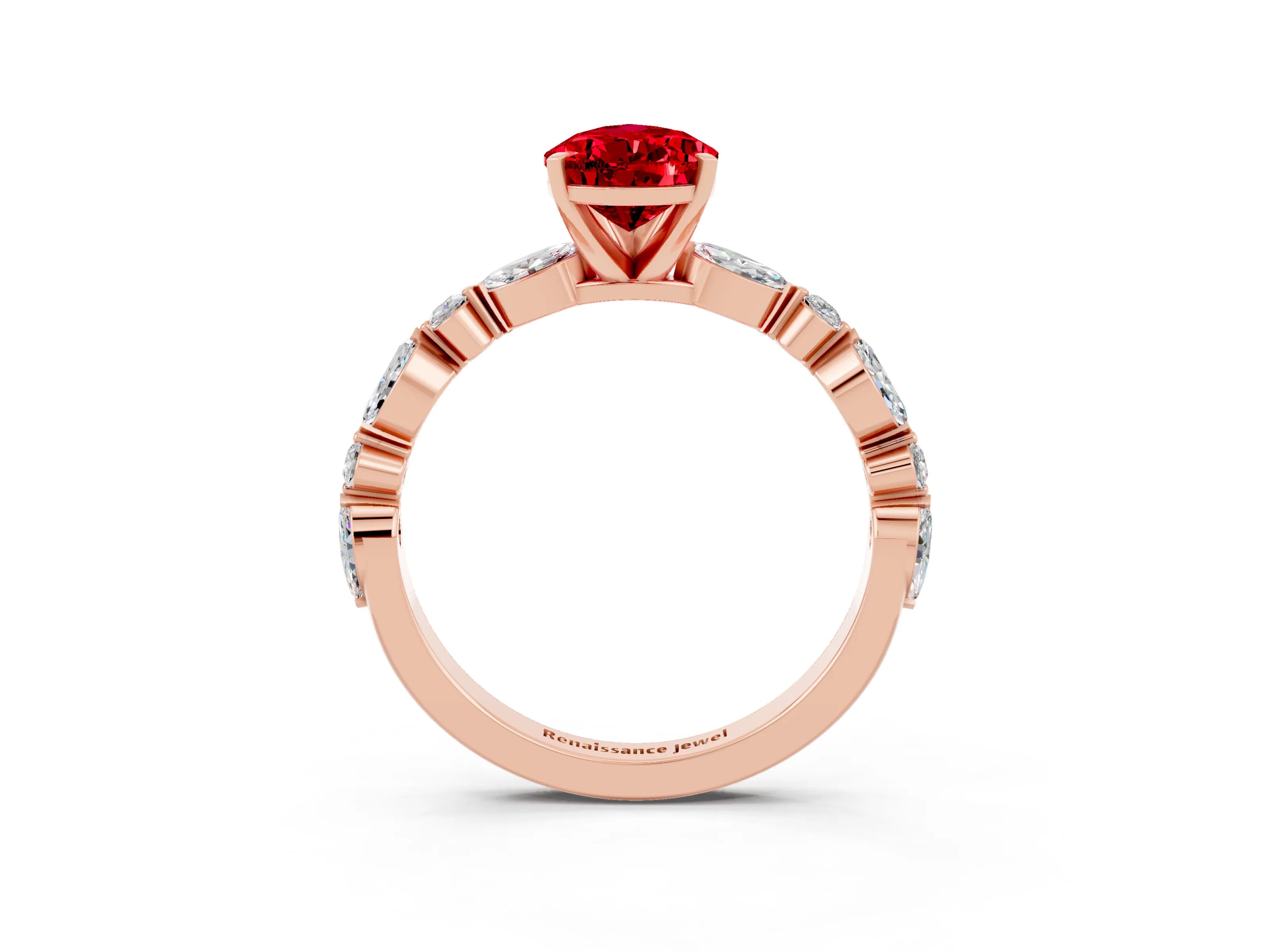 Rose gold Pear Cut Ruby Solitaire with Side Stones on a Pavé Band and Four-Prong Setting_3