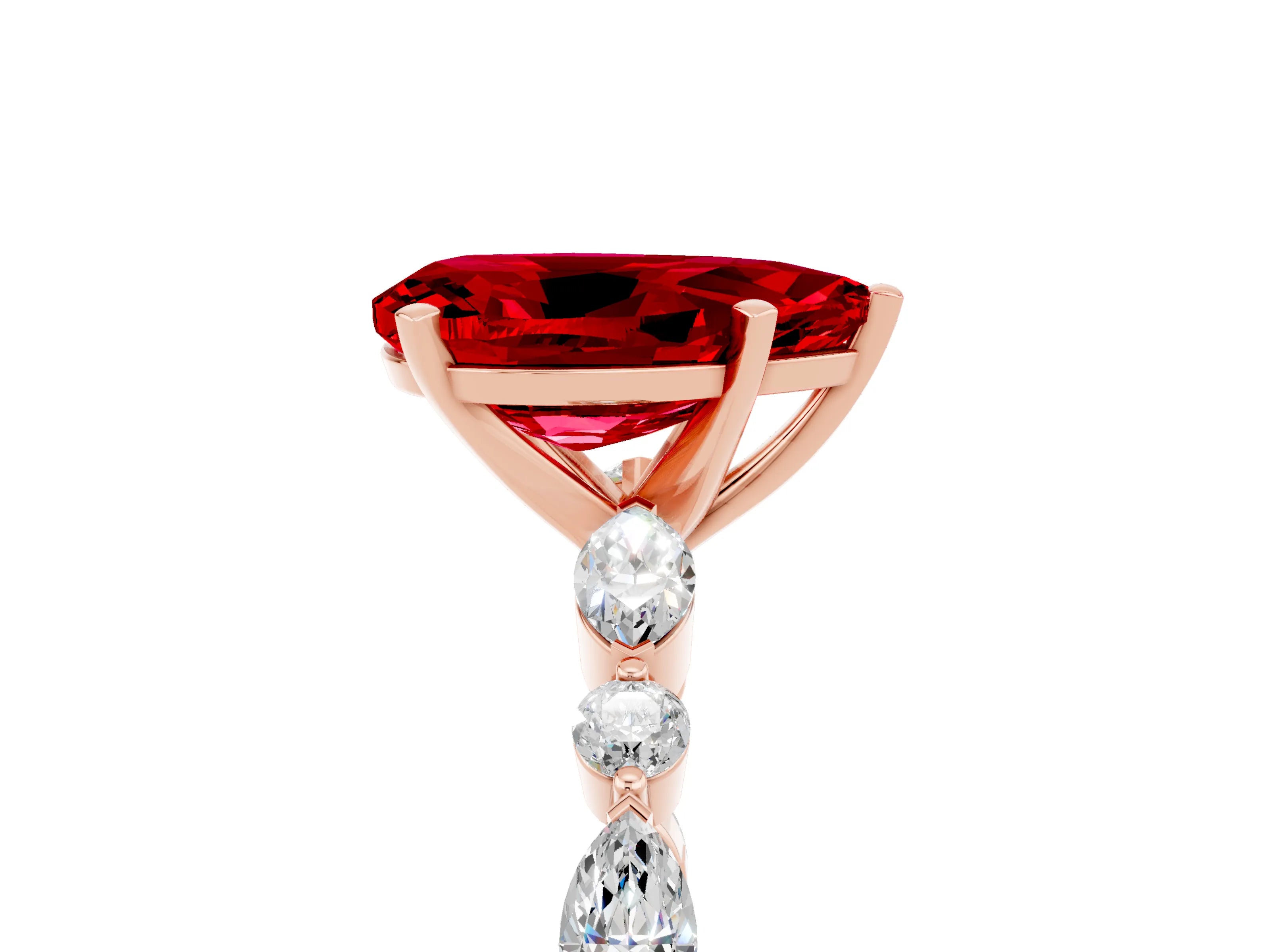 Rose gold Pear Cut Ruby Solitaire with Side Stones on a Pavé Band and Four-Prong Setting_5