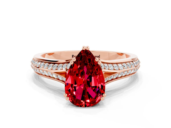 Rose gold Pear Cut Ruby Split Shank Engagement Ring with Pavé Band