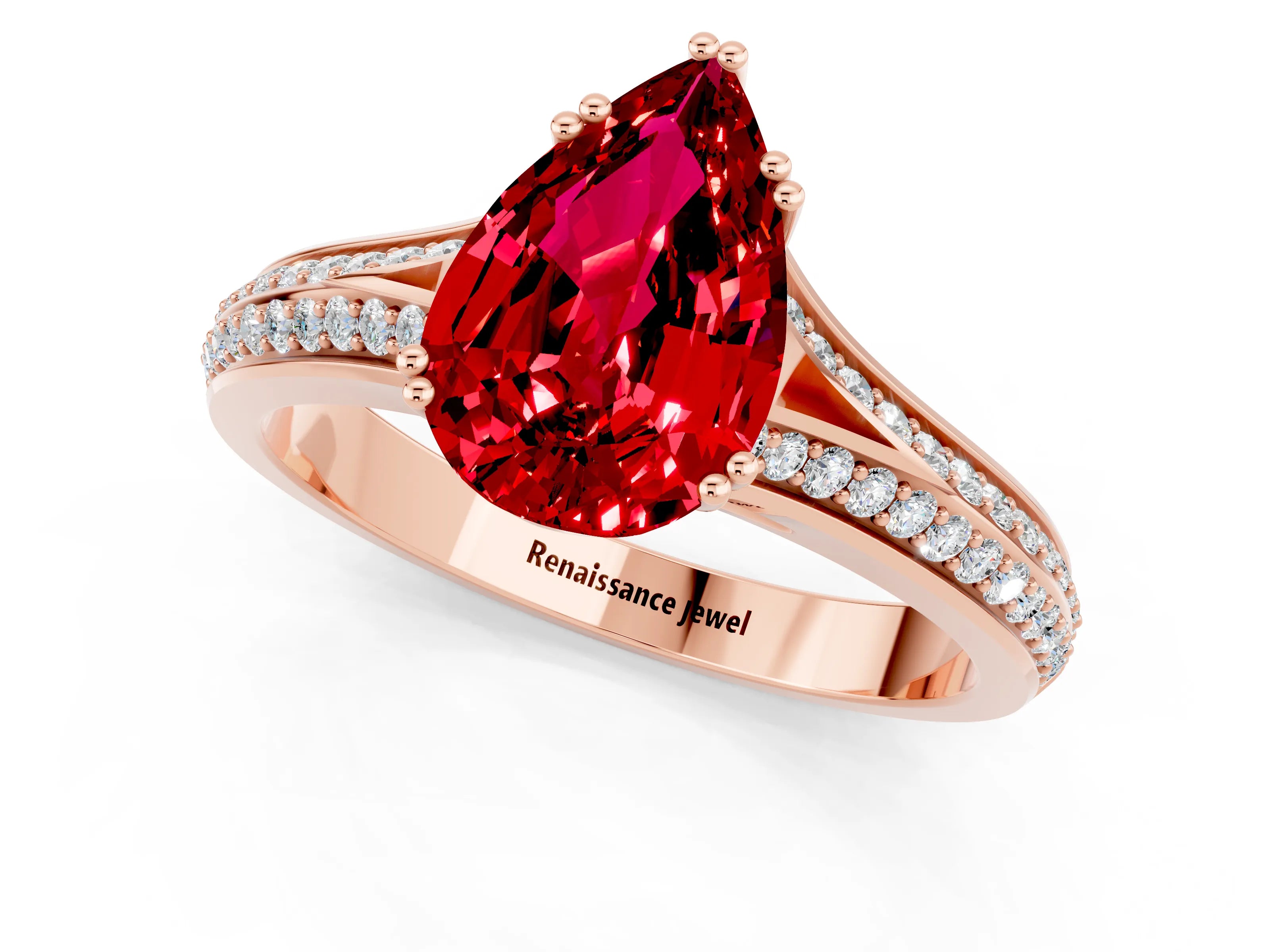 Rose gold Pear Cut Ruby Split Shank Engagement Ring with Pavé Band_1