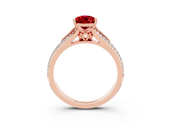 Rose gold Pear Cut Ruby Split Shank Engagement Ring with Pavé Band