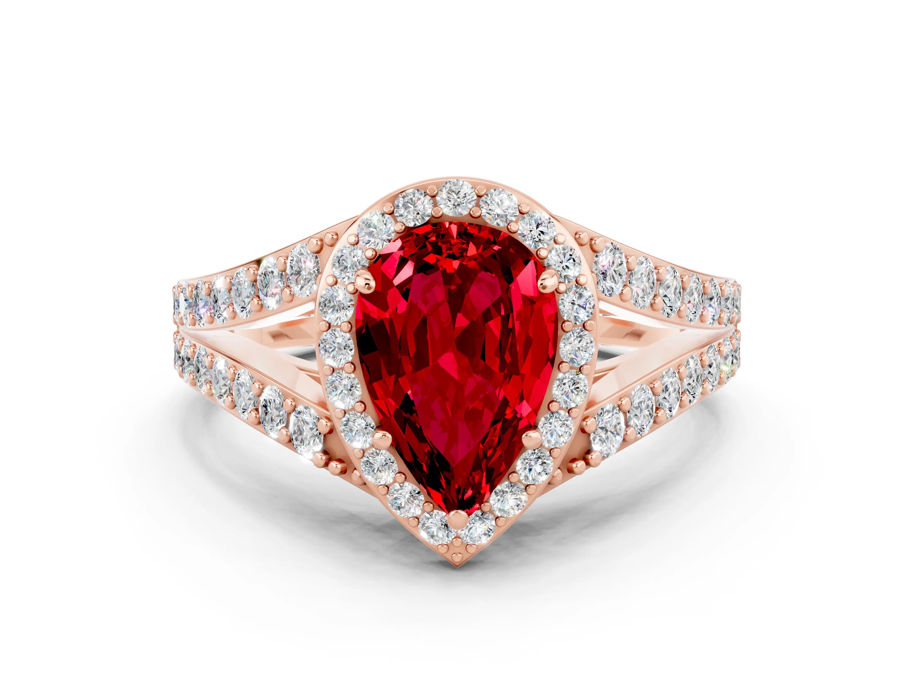 Rose gold Pear Cut Ruby Split Shank Halo Ring with Four-Prong Setting_12