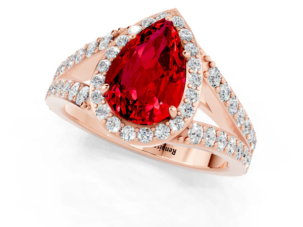 Rose gold Pear Cut Ruby Split Shank Halo Ring with Four-Prong Setting