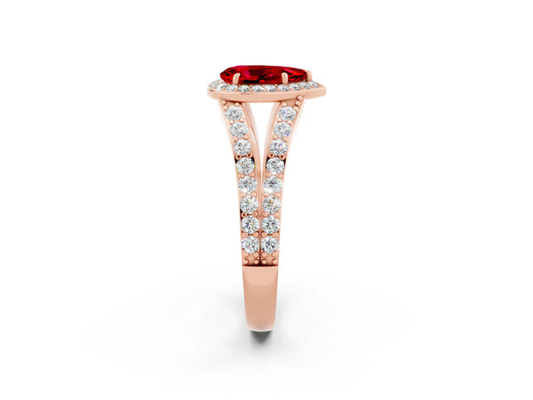 Rose gold Pear Cut Ruby Split Shank Halo Ring with Four-Prong Setting