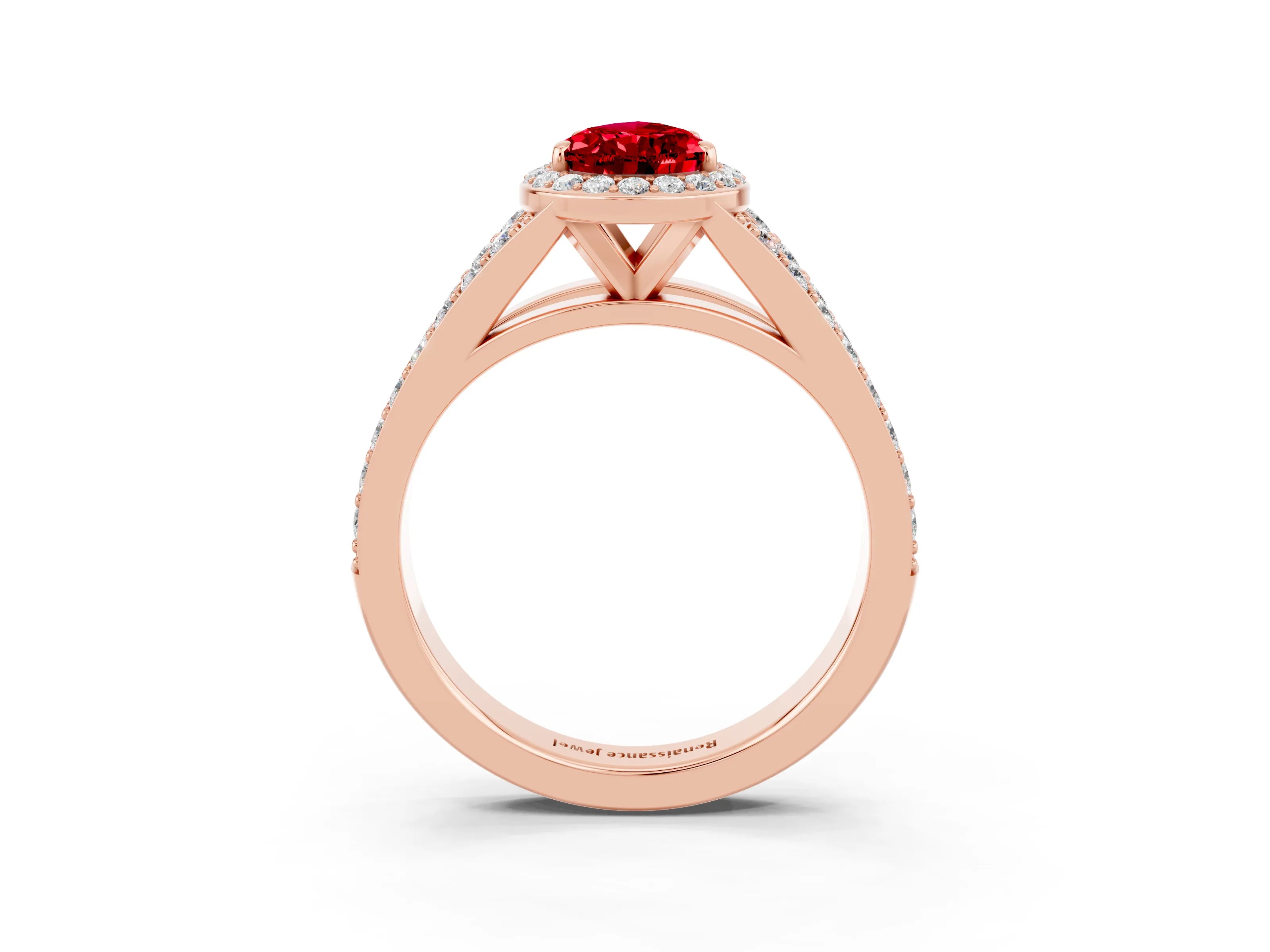 Rose gold Pear Cut Ruby Split Shank Halo Ring with Four-Prong Setting_15