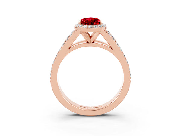 Rose gold Pear Cut Ruby Split Shank Halo Ring with Four-Prong Setting