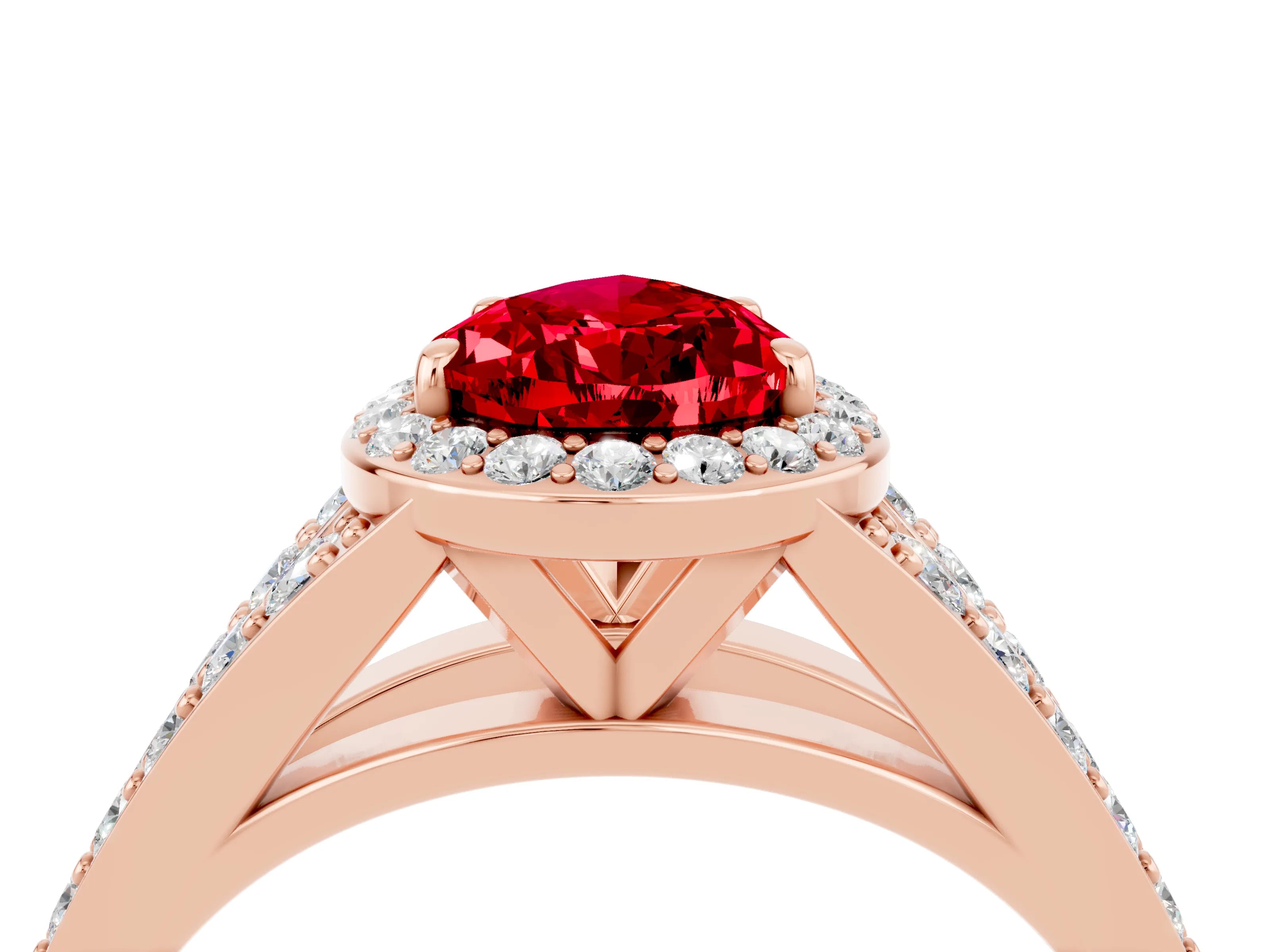 Rose gold Pear Cut Ruby Split Shank Halo Ring with Four-Prong Setting_16