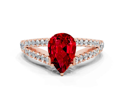 Rose gold Pear Cut Ruby Split Shank Pavé Engagement Ring with Four-Prong Setting_12