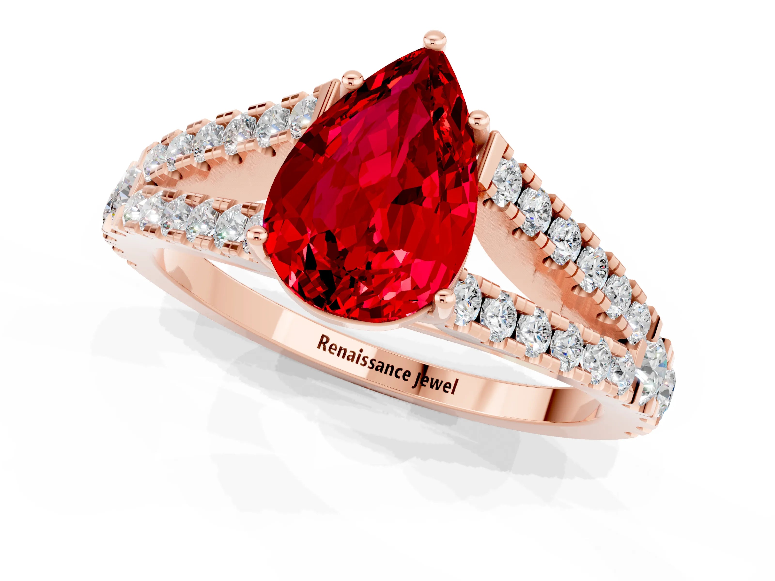 Rose gold Pear Cut Ruby Split Shank Pavé Engagement Ring with Four-Prong Setting_13