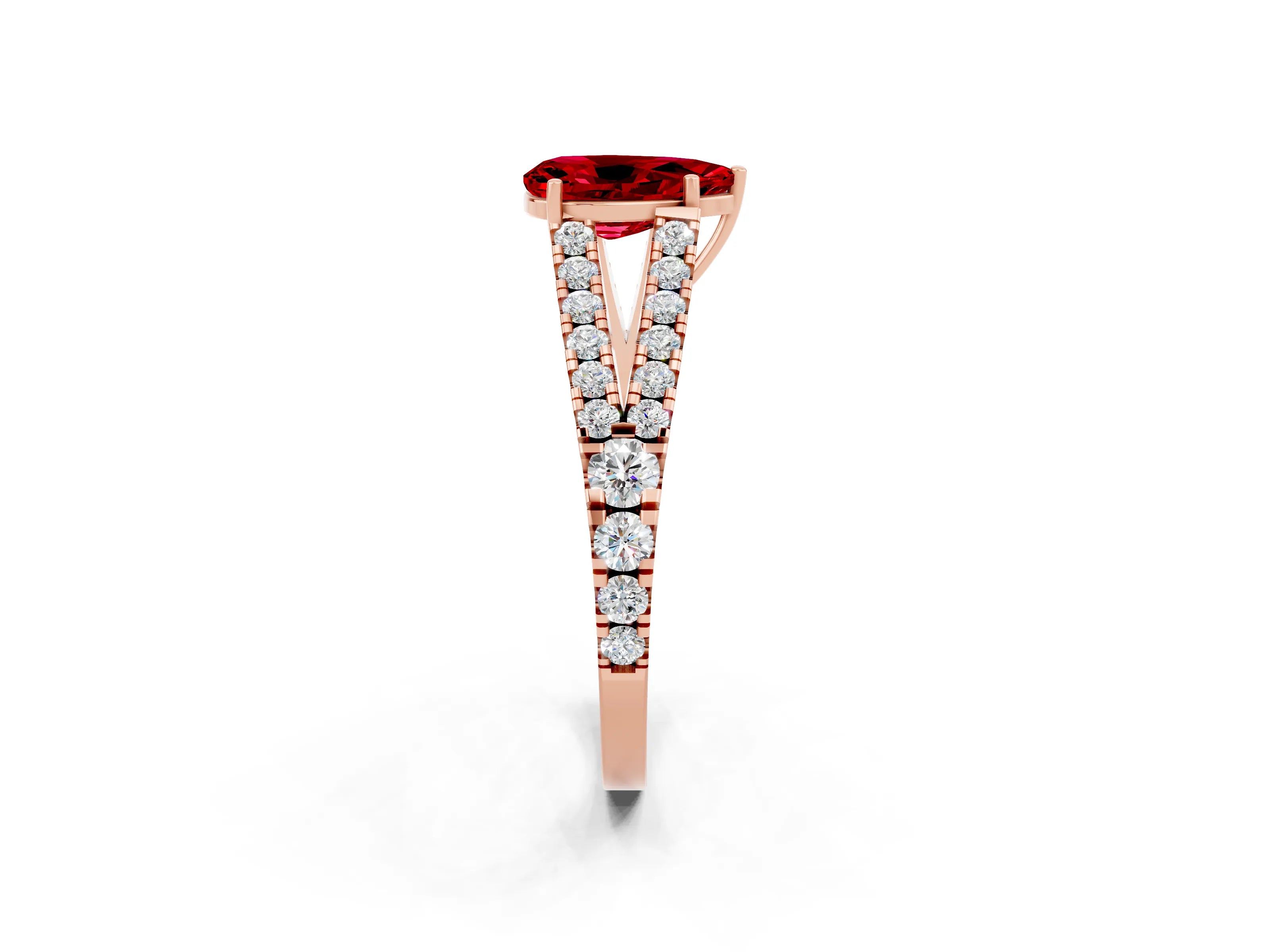 Rose gold Pear Cut Ruby Split Shank Pavé Engagement Ring with Four-Prong Setting_14