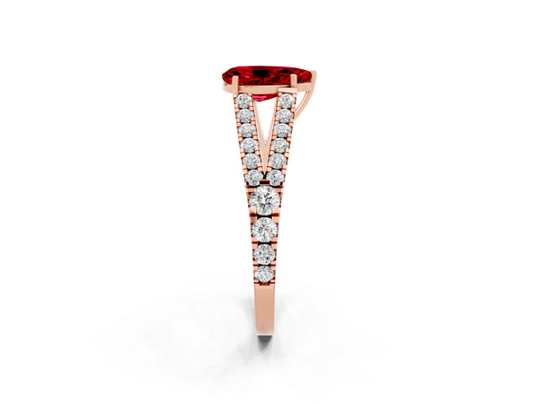 Rose gold Pear Cut Ruby Split Shank Pavé Engagement Ring with Four-Prong Setting