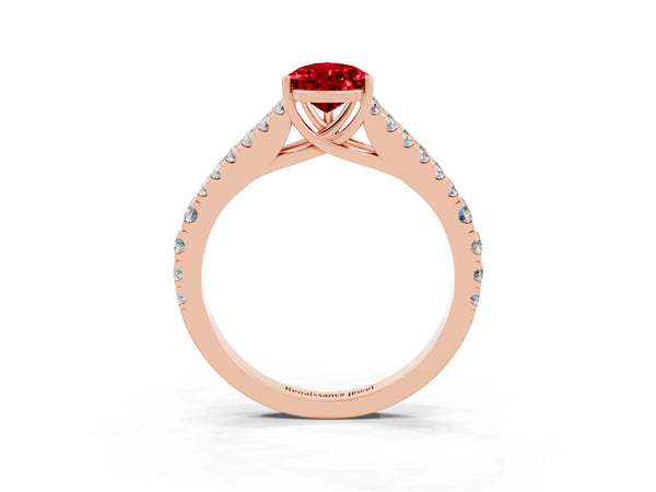 Rose gold Pear Cut Ruby Split Shank Pavé Engagement Ring with Four-Prong Setting