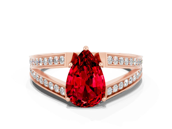 Rose gold Pear Cut Ruby Split Shank Ring with Pavé Band and Four-Prong Setting