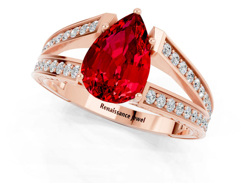 Rose gold Pear Cut Ruby Split Shank Ring with Pavé Band and Four-Prong Setting_1