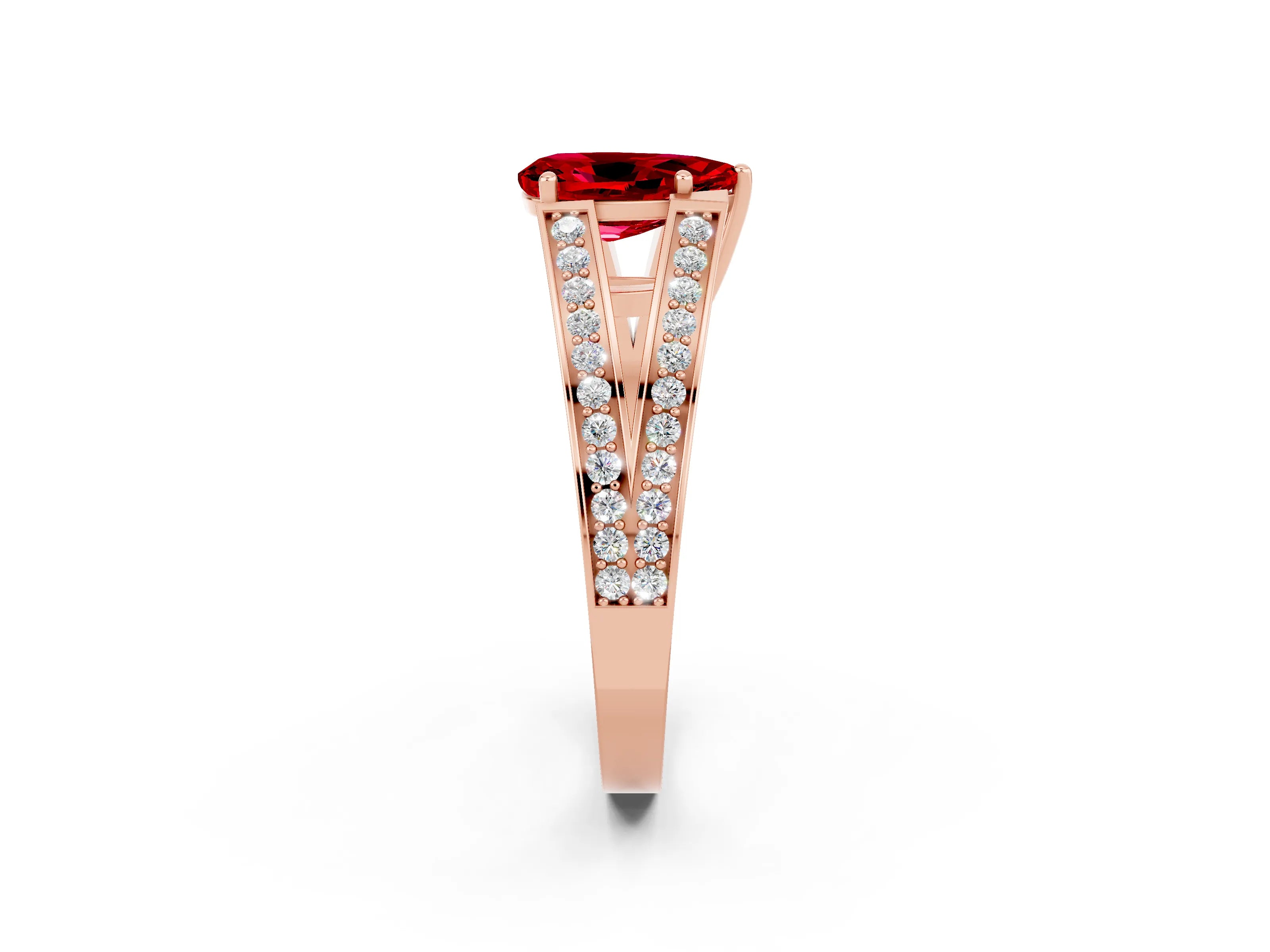 Rose gold Pear Cut Ruby Split Shank Ring with Pavé Band and Four-Prong Setting_2