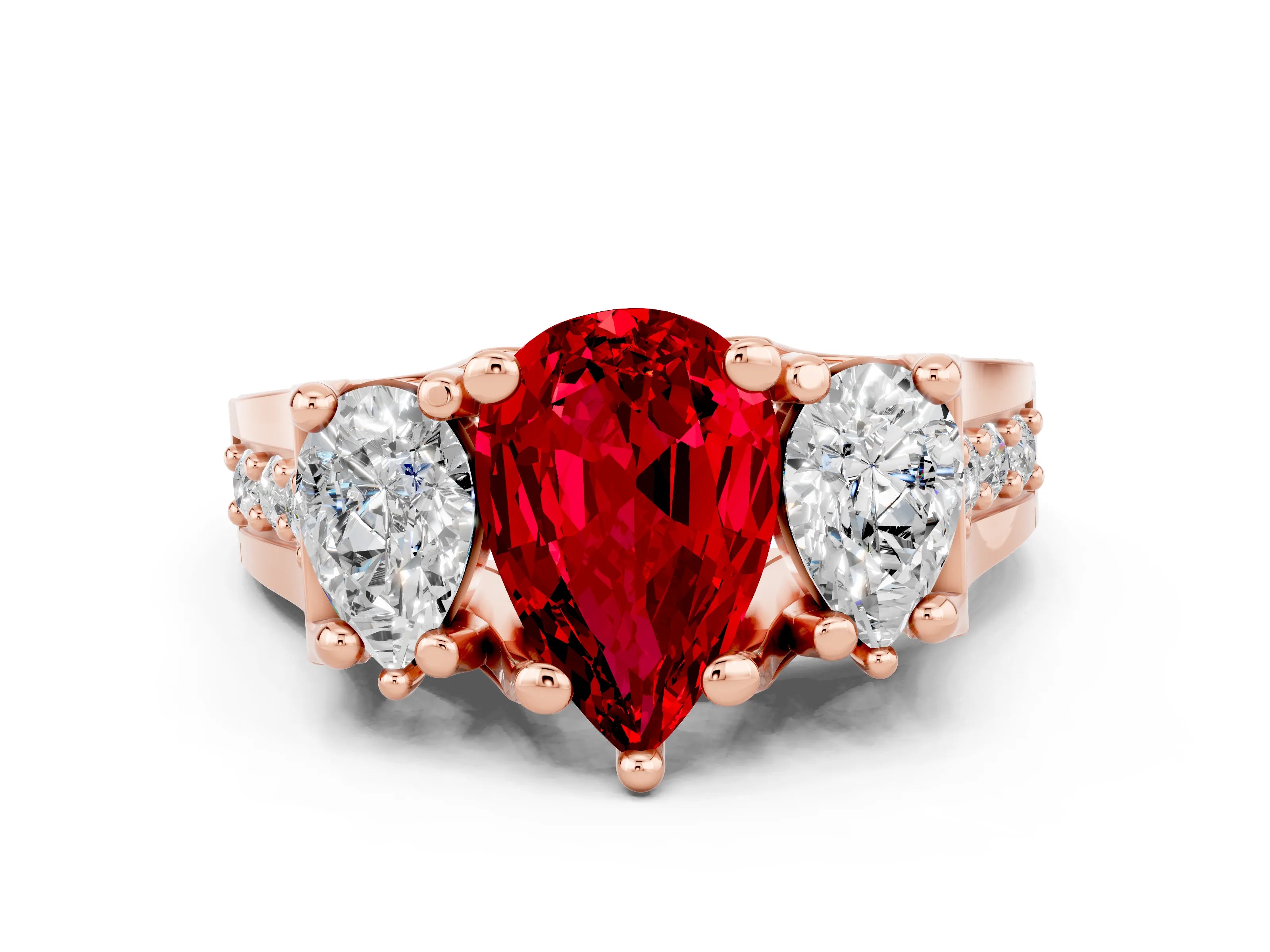 Rose gold Pear Cut Ruby Three-Stone Ring with Channel Set Band and Four-Prong Setting