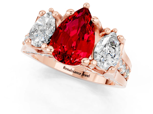 Rose gold Pear Cut Ruby Three-Stone Ring with Channel Set Band and Four-Prong Setting