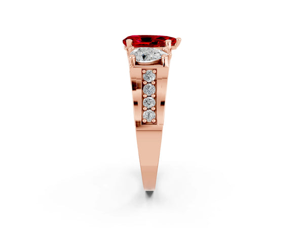 Rose gold Pear Cut Ruby Three-Stone Ring with Channel Set Band and Four-Prong Setting