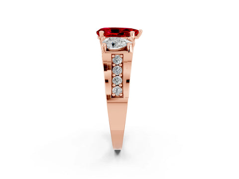 Rose gold Pear Cut Ruby Three-Stone Ring with Channel Set Band and Four-Prong Setting_2