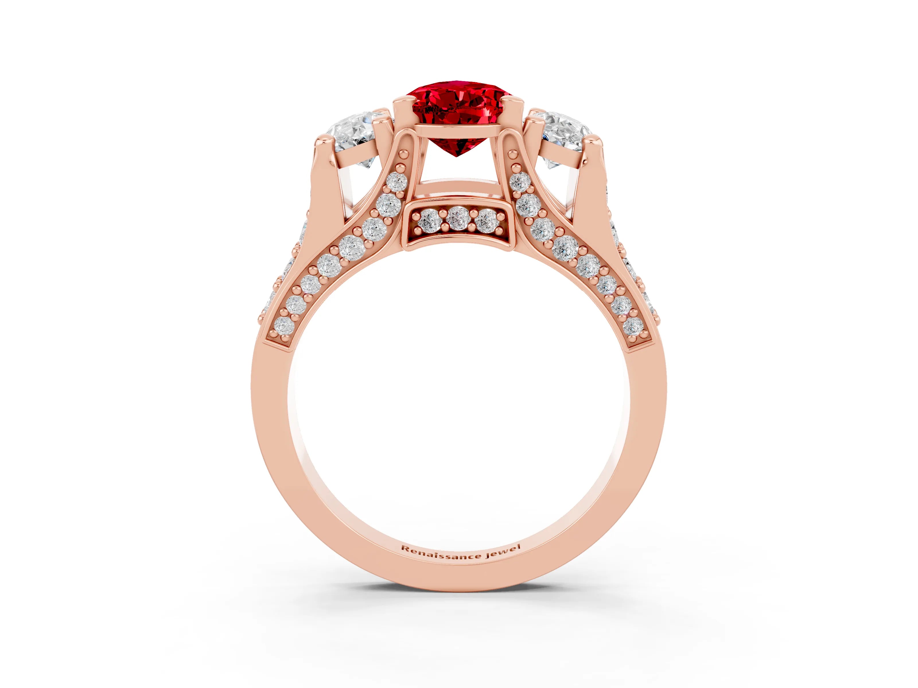 Rose gold Pear Cut Ruby Three-Stone Ring with Channel Set Band and Four-Prong Setting_3