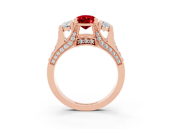 Rose gold Pear Cut Ruby Three-Stone Ring with Channel Set Band and Four-Prong Setting