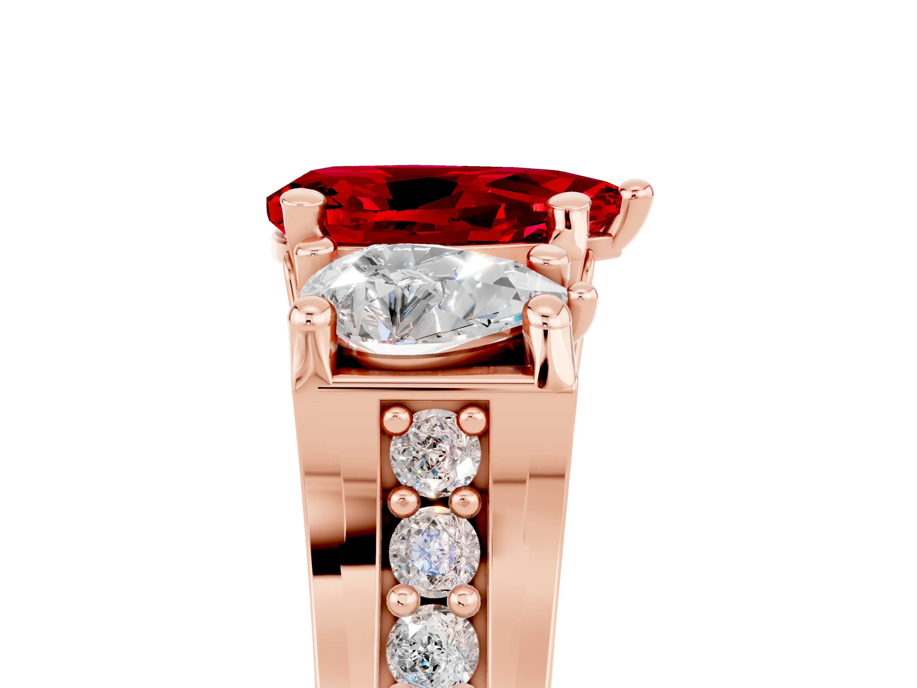 Rose gold Pear Cut Ruby Three-Stone Ring with Channel Set Band and Four-Prong Setting_5