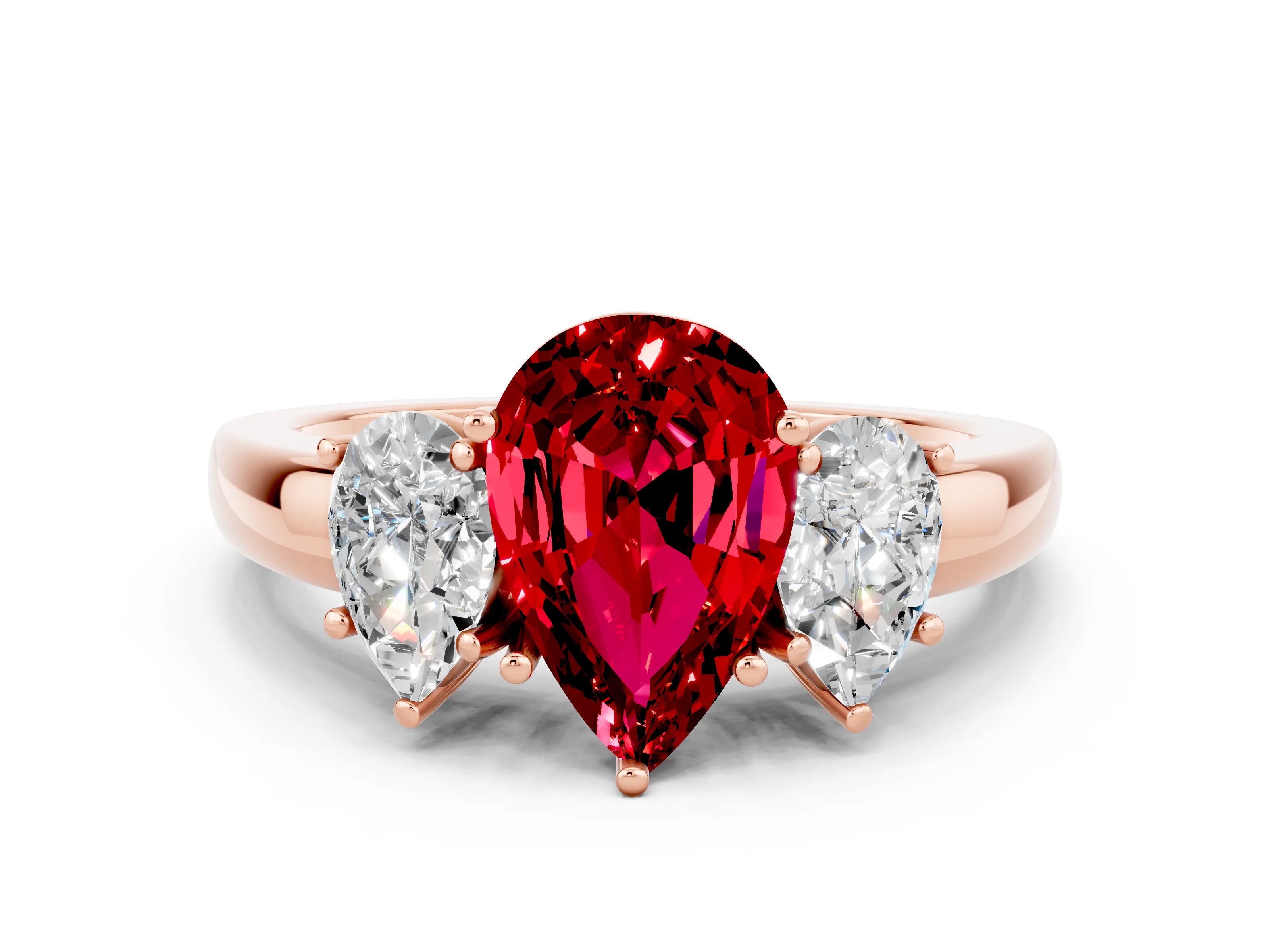 Rose gold Pear Cut Ruby Three-Stone Ring with Four-Prong Setting and Classic Band