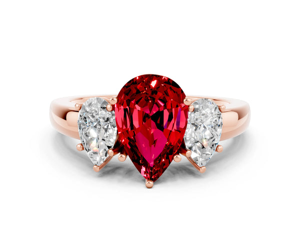 Rose gold Pear Cut Ruby Three-Stone Ring with Four-Prong Setting and Classic Band