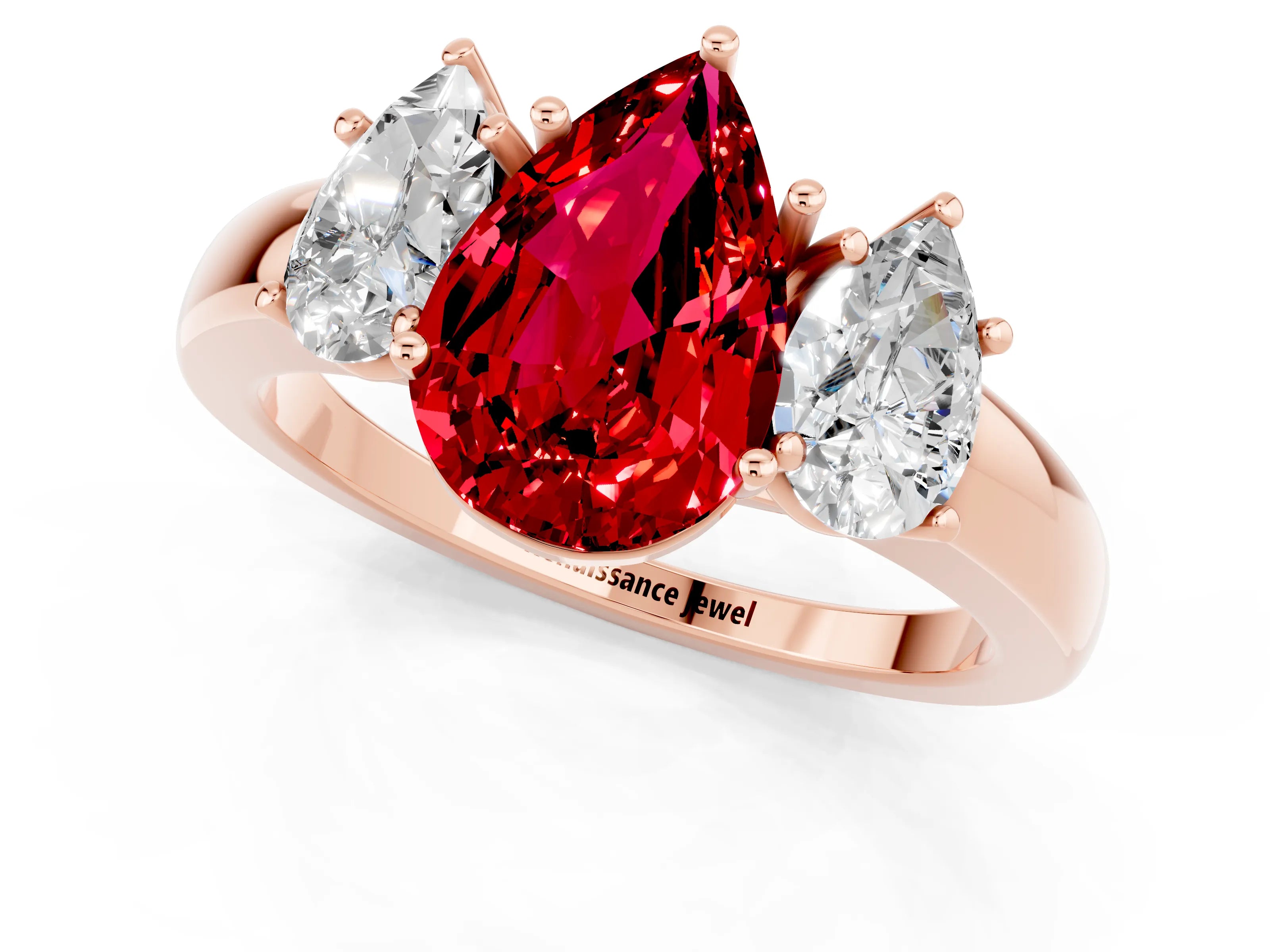 Rose gold Pear Cut Ruby Three-Stone Ring with Four-Prong Setting and Classic Band_1