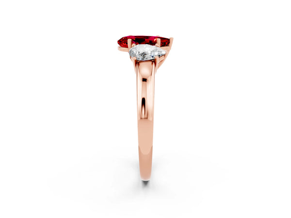 Rose gold Pear Cut Ruby Three-Stone Ring with Four-Prong Setting and Classic Band