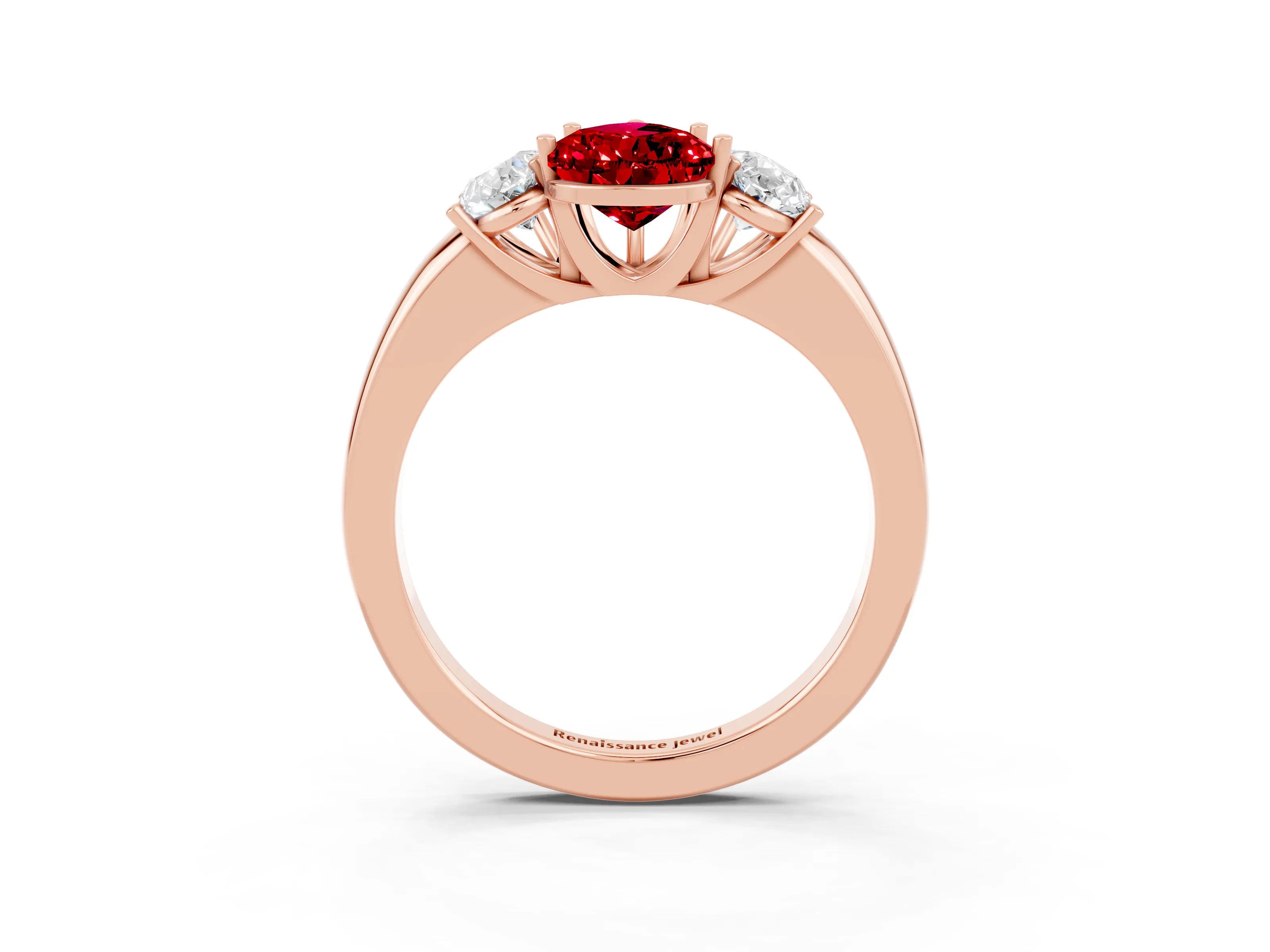 Rose gold Pear Cut Ruby Three-Stone Ring with Four-Prong Setting and Classic Band_3