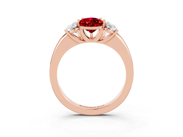 Rose gold Pear Cut Ruby Three-Stone Ring with Four-Prong Setting and Classic Band
